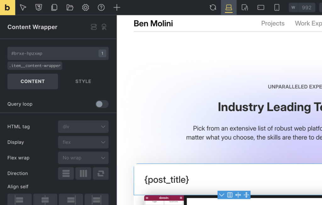 Screenshot showing the properties menu in Bricks Builder 